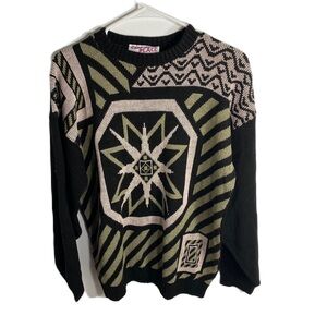 Vintage Clifton Place Sweater 80s 90s Black Cream Tan Black Geometric Striped
